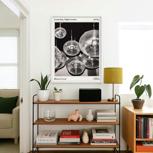 70s Disco Ball Wall Art 20x30in White Framed Vintage Black and White Newspaper - Image 5