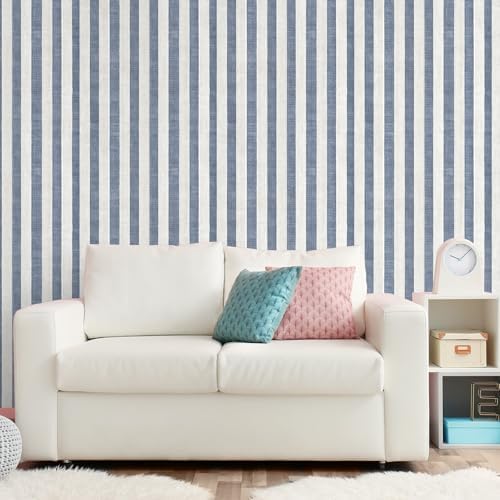 Navy Blue and Cream White Textured Striped Peel and Stick Wallpaper, Self - Image 4