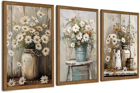 DUWQU Triptych Rustic Farmhouse Daisy Framed Canvas Wall Art 20x30 inch x3 by DUWQUCanvasWallArt