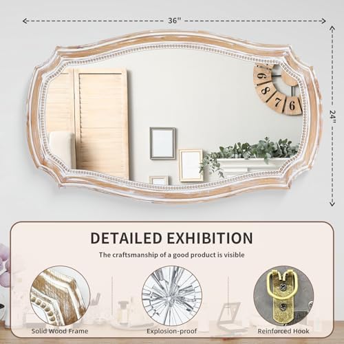 36x24 Inch Scalloped Wall Mirror, Rustic Farmhouse Wood Frame Mirrors - Image 2