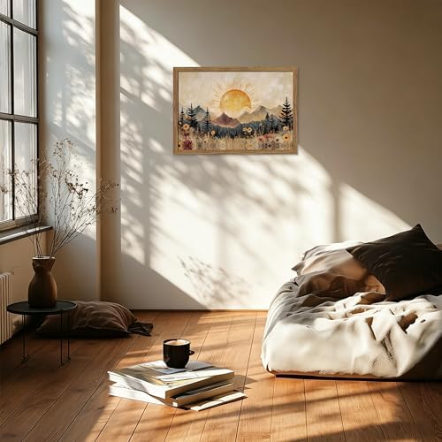 Framed Vintage Sunrise Mountain Landscape Wall Art, Retro Wildflower Nature - Image 7
