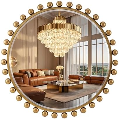 30 Inch Round Wall Mirror, Antique Gold Ball Frame, Beveled Glass by CavinHome