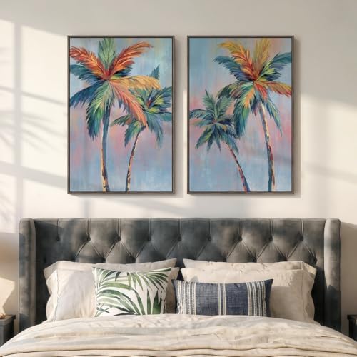 Framed Coastal Colorful Palm Tree Set of 2 Large Wall Art Bedroom, 20x30 In by Cuspin