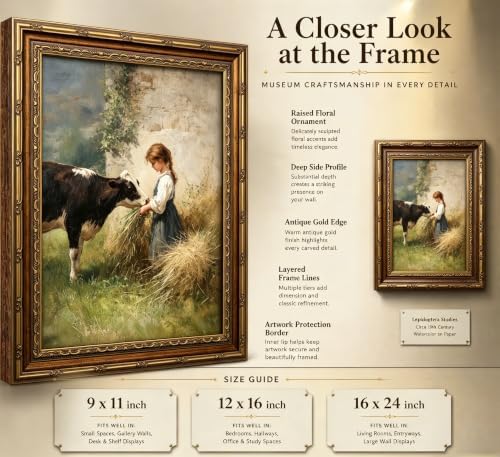 Vintage Gold Framed Farmhouse Canvas Wall Art, Retro Rustic Girl Feeding Cow - Image 2