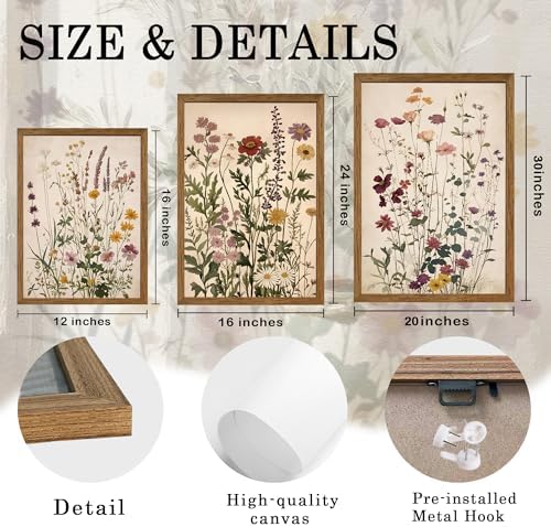 AVECCO 3 Piece Vintage Wildflower Botanical Framed Canvas Wall Art 16x24 in - Image 6