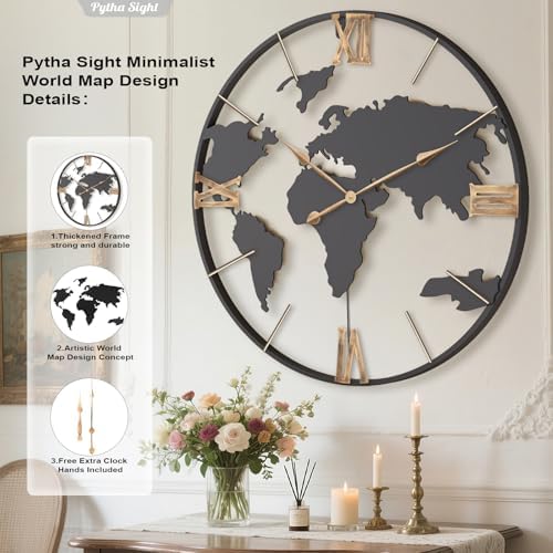 Pytha Sight 36 Inch Large Extra Metal Oversized Roman World Map Wall Clock - Image 2