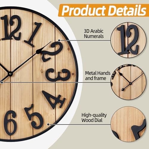 Large Wall Clock 20IN, Silent Metal Wood Style Wall Clocks Battery Operated - Image 2