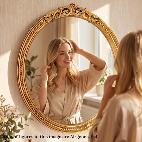 Askeld Vintage Ornate Round Wall Mirror 32 Inch French Baroque Gold Framed - Image 6
