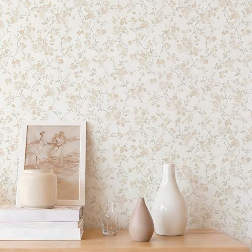 Peel and Stick Wallpaper for Nursery Beige Cherry Blossom Waterproof by Fiula