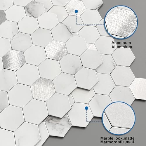 Peel and Stick Backsplash Hexagon Marble Tiles White Silver 10pcs - Image 2