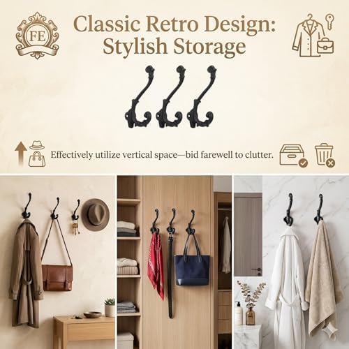 6pcs Rustic Cast Iron Coat Hooks Wall Mounted Heavy Duty Hook Vintage Black - Image 6