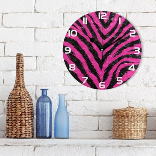 ABLINK Hipster Pink Black Zebra Fur Round Wall Clock, Silent Non Ticking Oil - Image 3