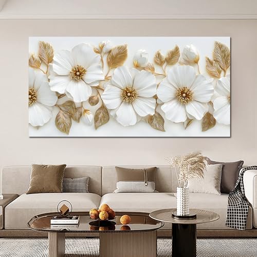 Large Canvas Wall Art for Living Room White and Gold Floral Print Painting wall - Image 3