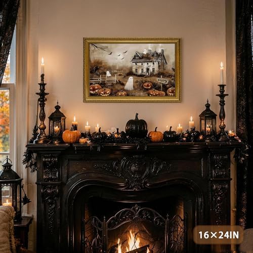 AVECCO Halloween Haunted House Ghost Wall Art Canvas Framed 16x24 inch - Image 3