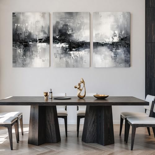 AVECCO Triptych Abstract Black White Gray Wrapped Canvas Wall Art 24x36 In - Image 2