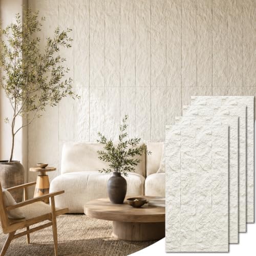VooBang 3D Rough Stone Texture PU Wall Panels, 4 Pack 24"x48" Ivory White by VooBang