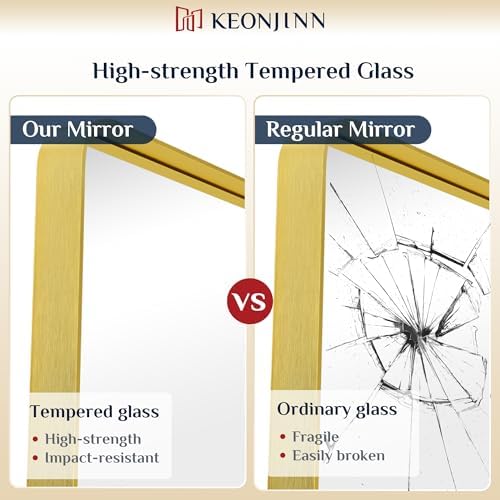Keonjinn 24 x 32 Inch Brushed Gold Bathroom Vanity Mirror, Tempered Glass - Image 5