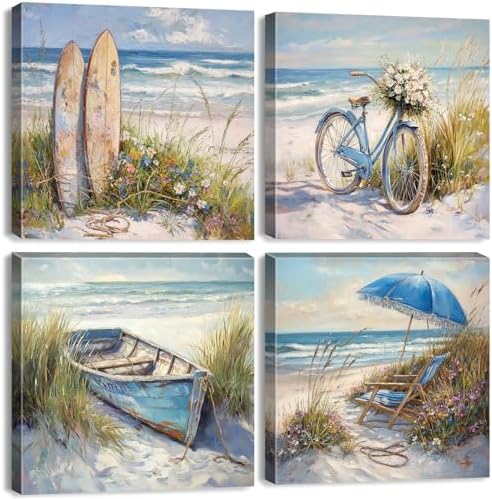 Beach Bathroom Wall Art Decor Rustic Coastal Landscape Bike Boat Surfboard by YOOOAHU