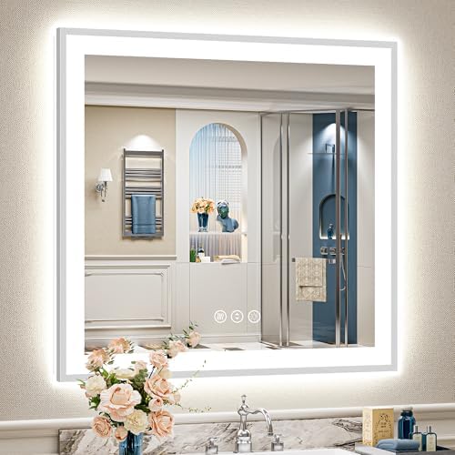 36x36 Inch Brushed Nickel LED Bathroom Mirror, Backlit & Front Lit by Awandee