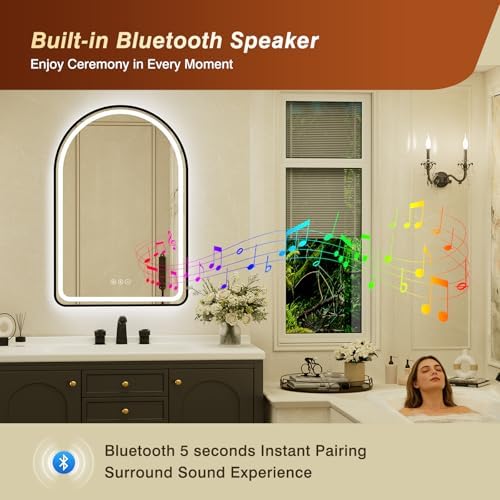 26x40 Inch Arched Black Framed LED Bathroom Mirror - Image 4