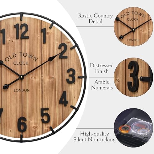 24 Inch Farmhouse Wall Clock Large Old Town Vintage Rustic Wooden Clock - Image 4