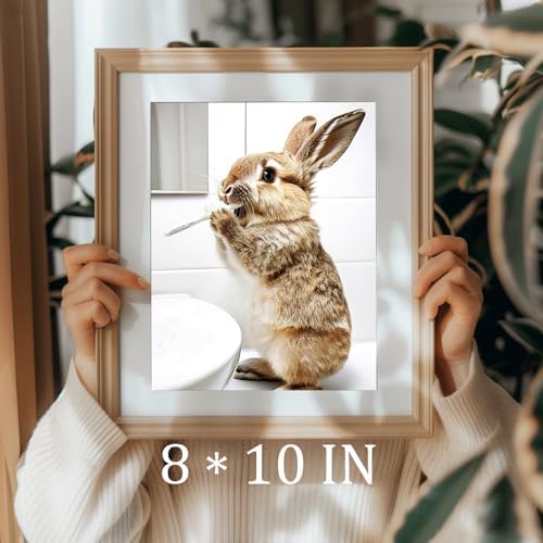 uniro Funny Bathroom Wall Art Prints, Cute Rabbit Brushing Teeth Bathroom - Image 3