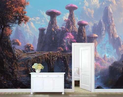 Colorful Wall Mural Wallpaper Mushroom Like Structures Bridge Fantasy Style - Image 4