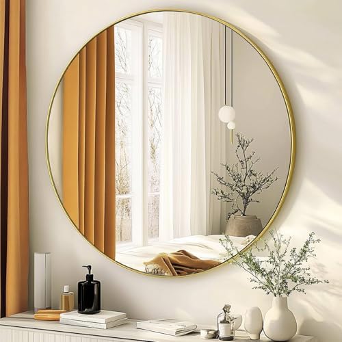 Round Gold Mirror 16 inch, Circle Mirror, Brushed Gold Metal Frame by Winnker