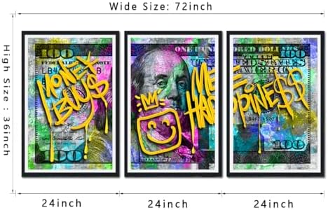 Black Framed Canvas Wall Art 100 Dollar Money Buy Me Happiness Painting 3 Panels - Image 6