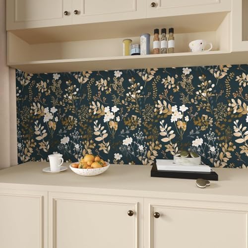 Laatse Vintage Dark Navy Gold Floral Peel and Stick Wallpaper 17.5"x197" - Image 5