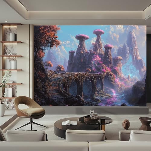 Colorful Wall Mural Wallpaper Mushroom Like Structures Bridge Fantasy Style - Image 2