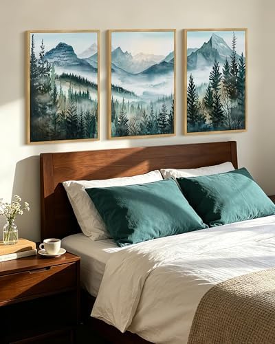 KUVIOKE Landscape Mountain Range Wall Art Set 24x 36in Watercolor Foggy Pine - Image 2
