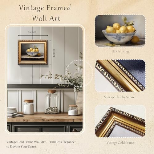 uniro Vintage Gold Framed Wall Art, Vintage Lemons Still Life Canvas Art Prints - Image 2
