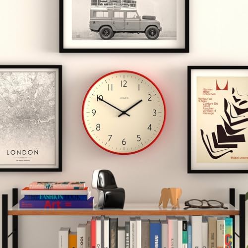 JONES CLOCKS® Studio Clock | Modern Round wall Clock | 12" | Red | Easy to Read - Image 2