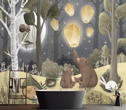Cozy Night Forest Animal Sleeping Bear Lantern Kids Wallpaper - Image 4