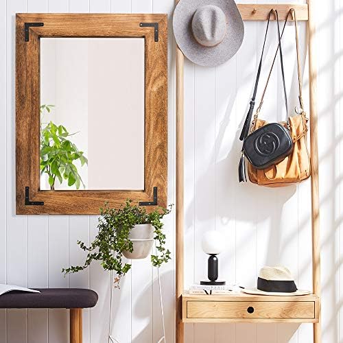 YOSHOOT Rustic Wooden Framed Wall Mirror, Natural Wood Bathroom Vanity Mirror - Image 5