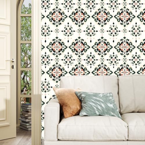 BOKEBEVE Boho Floral Peel and Stick Wallpaper Beige Green 17.5 x 393.5In - Image 3