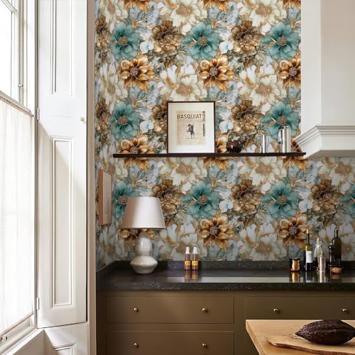 REDAMANCY Vintage Marble Floral Gold/Green/White Metal Flowers Peel and Stick - Image 5