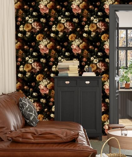 BOKEBEVE Black Floral Wallpaper Peel and Stick Vintage Pink 17.5 x 393.5In - Image 5