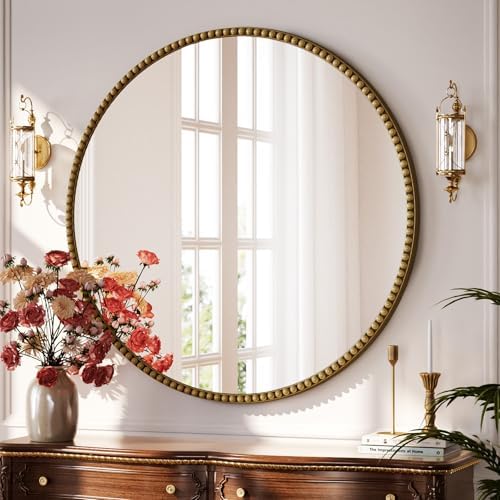 36'' Round Mirror, Beaded Circle Decorative Wall Mirror by Unknown