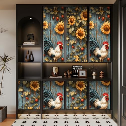 Removable Wallpaper Sunflowers Rooster Peel and Stick Mural Wood Vintage - Image 6