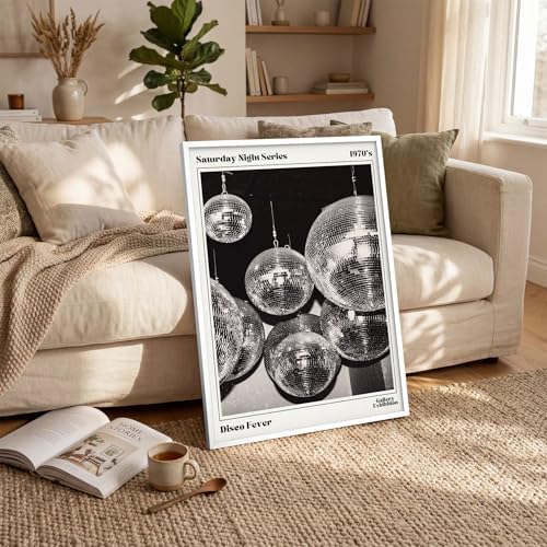 70s Disco Ball Wall Art 20x30in White Framed Vintage Black and White Newspaper - Image 4