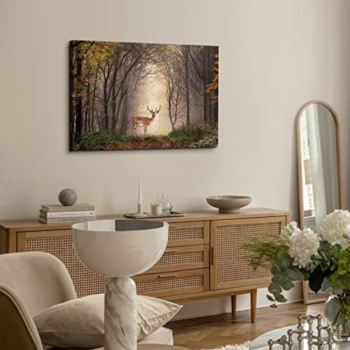 Wild Animal Landscape Canvas Wall Art Deer in Autumn Foggy Forest Picture Wall - Image 3