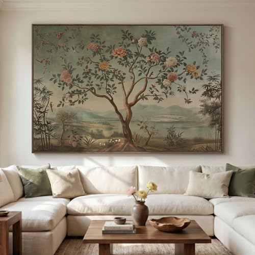 Oversized Framed Vintage Chinoiserie Landscape Living Room Wall Art by MXART