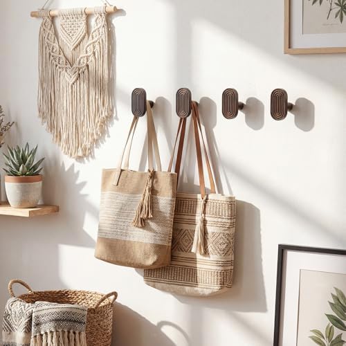 Novabright 4 Pcs Boho Wall Hooks Wooden Coat Hook, Walnut Wood - Image 4