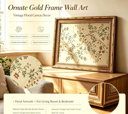 Vintage gold framed Floral Vine wall art Retro Beige Botanical Painting Canvas - Image 6