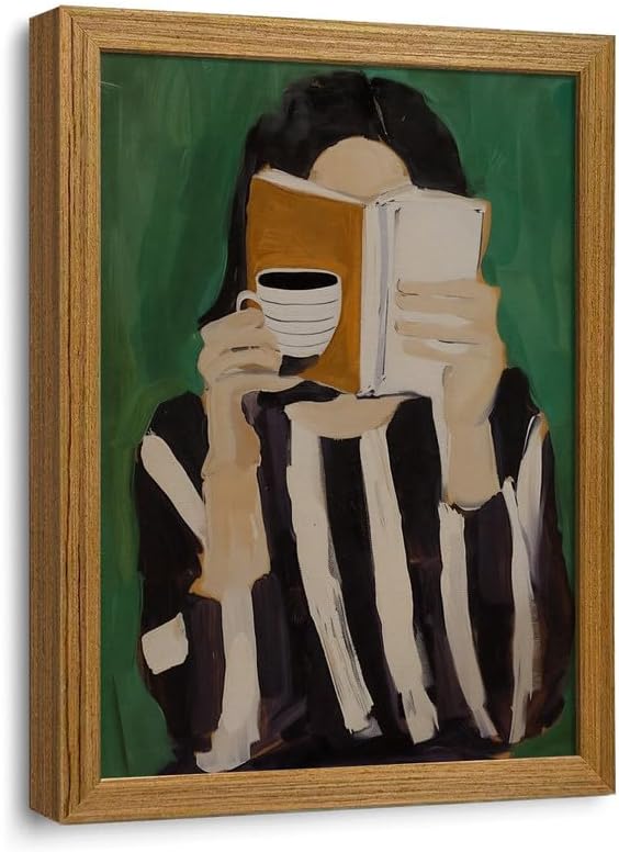 Framed Coffee Pictures Wall Art Woman Reading Book Wall Decor 12x16in by Unknown