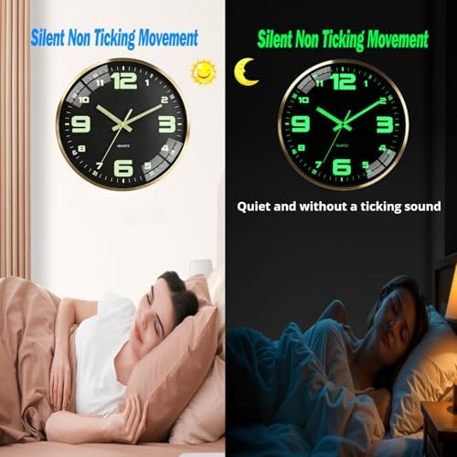 Wall Clock 12 Inch Luminous Silent Large Numerals Black, Metal Frame 1-Pack - Image 6