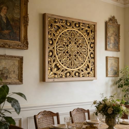 XIAOAIKA Boho Carved Wood Wall Art Panel, Floral Mandala, Distressed Gold by XIAOAIKA