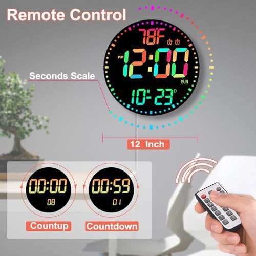 QINFIEY Large 12" RGB Color Changing Digital Wall Clock - Image 3